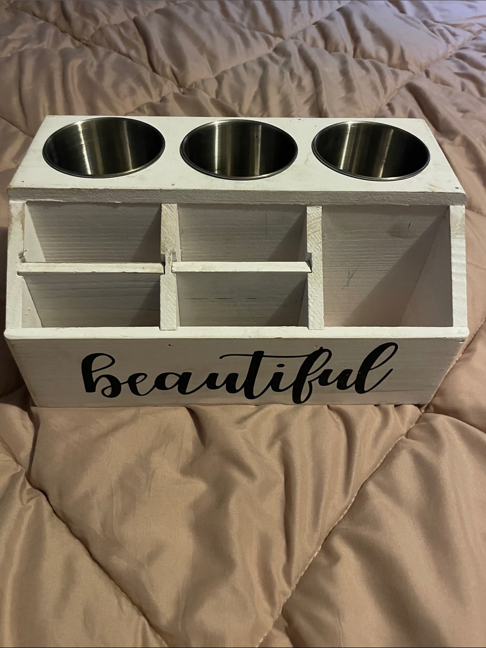 White Wooden Organizer with 'beautiful' Script and Stainless Cups